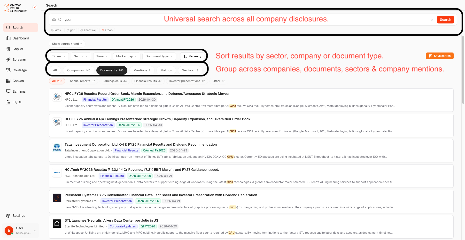 Coverage dashboard showing auto-generated company profile with filings, financials, and earnings summary
